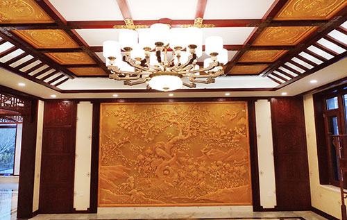 雷州中式别墅客厅中式木作横梁吊顶装饰展示